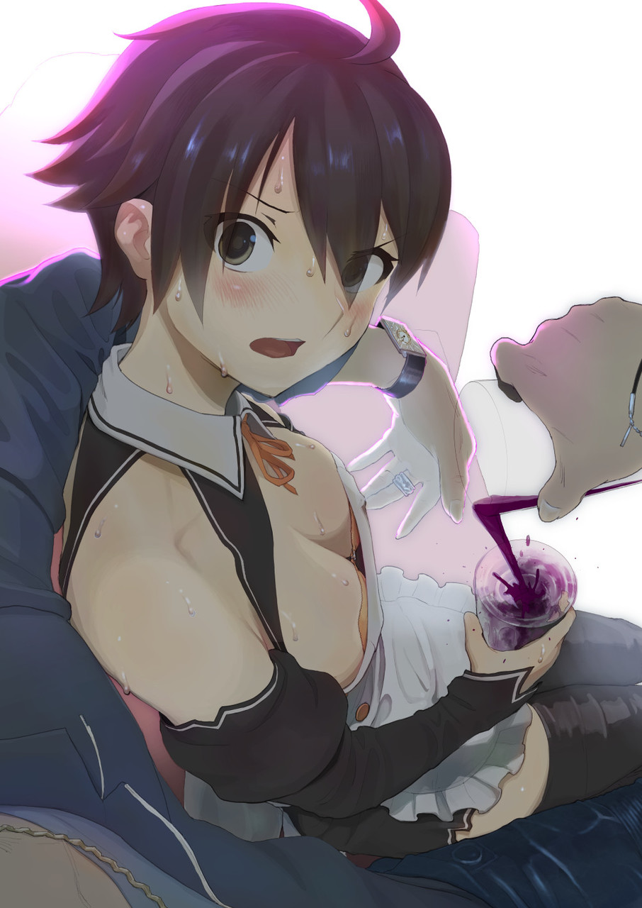1boy 1girl 2equal8 ahoge apron bare_shoulders black_dress black_hair black_sleeves black_thighhighs blue_pants blush bra breasts brown_eyes chain cleavage commentary cup denim detached_sleeves downblouse dream_c_club dream_c_club_(series) dress drink frilled_apron frills from_above from_behind front-to-back furrowed_brow glass gold_chain gradient_background hair_over_one_eye highres holding holding_cup holding_drink hostess jeans jewelry looking_back looking_up medium_breasts nao_(dream_c_club) neck_ribbon open_mouth orange_bra orange_ribbon pants pouring pov pov_hands ribbon ring short_hair sitting sitting_on_lap sitting_on_person solo_focus strapless strapless_bra surprised sweat teeth thighhighs tomboy underwear upper_teeth_only very_short_hair very_sweaty watch white_apron white_background white_dress wristwatch zettai_ryouiki