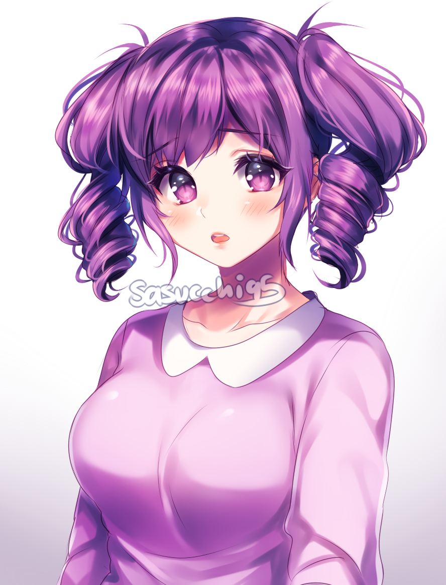 1girl arms_at_sides artist_name blush breasts collarbone collared_shirt commentary drill_hair english_commentary gradient_background grey_background kokona_haruka_(yandere_simulator) large_breasts lips long_sleeves looking_at_viewer medium_hair open_mouth pink_shirt purple_eyes purple_hair sasucchi95 shirt teeth twin_drills upper_body upper_teeth_only white_background yandere_simulator
