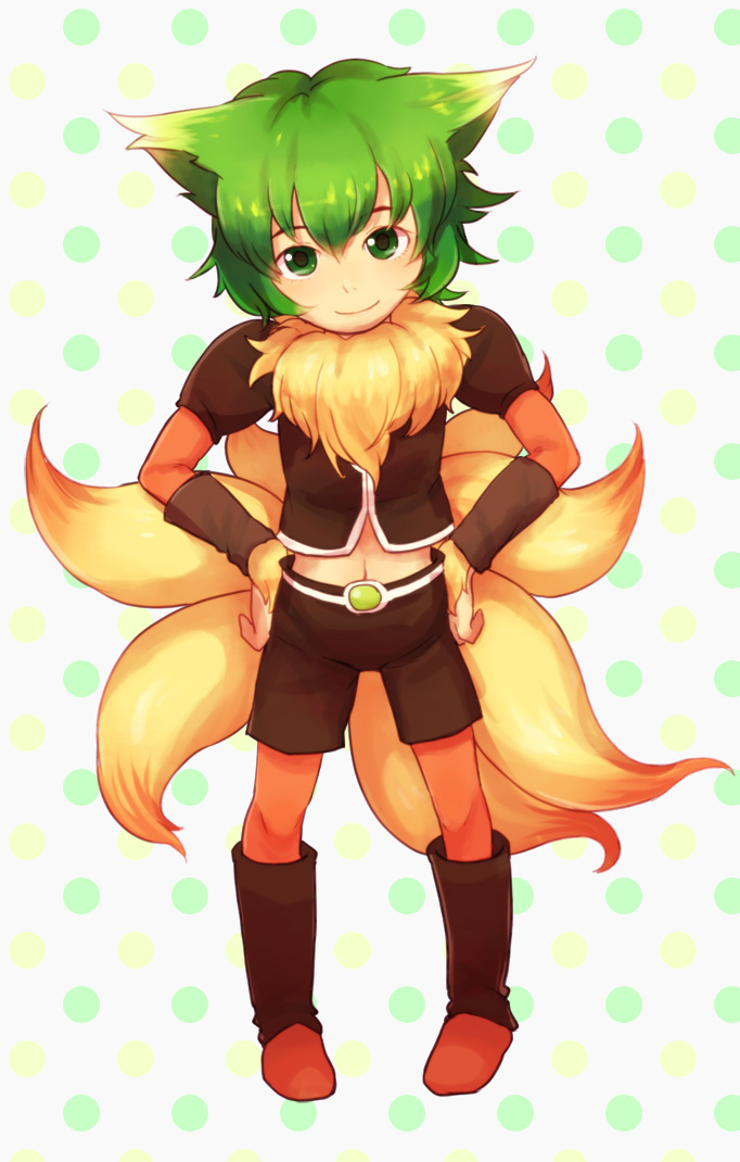 androgynous boots bracelet fur_trim gender_request green_eyes green_hair jewelry kawabeno_jari navel riki_(saga) saga saga_frontier simple_background solo tail white_background