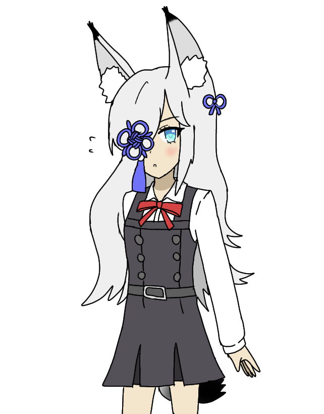 1girl alternate_costume azur_lane belt blue_eyes blush commentary_request cosplay dress female_focus fluffy fox_eyes grey_hair hair_ornament hair_over_one_eye kantai_collection kasumi_(azur_lane) kasumi_(kancolle) kasumi_(kancolle)_(cosplay) kasumi_kai_ni_(kancolle) long_hair looking_at_viewer name_connection pinafore_dress saban_(akkun-ucchii) short_sleeves sleeveless sleeveless_dress solo very_long_hair