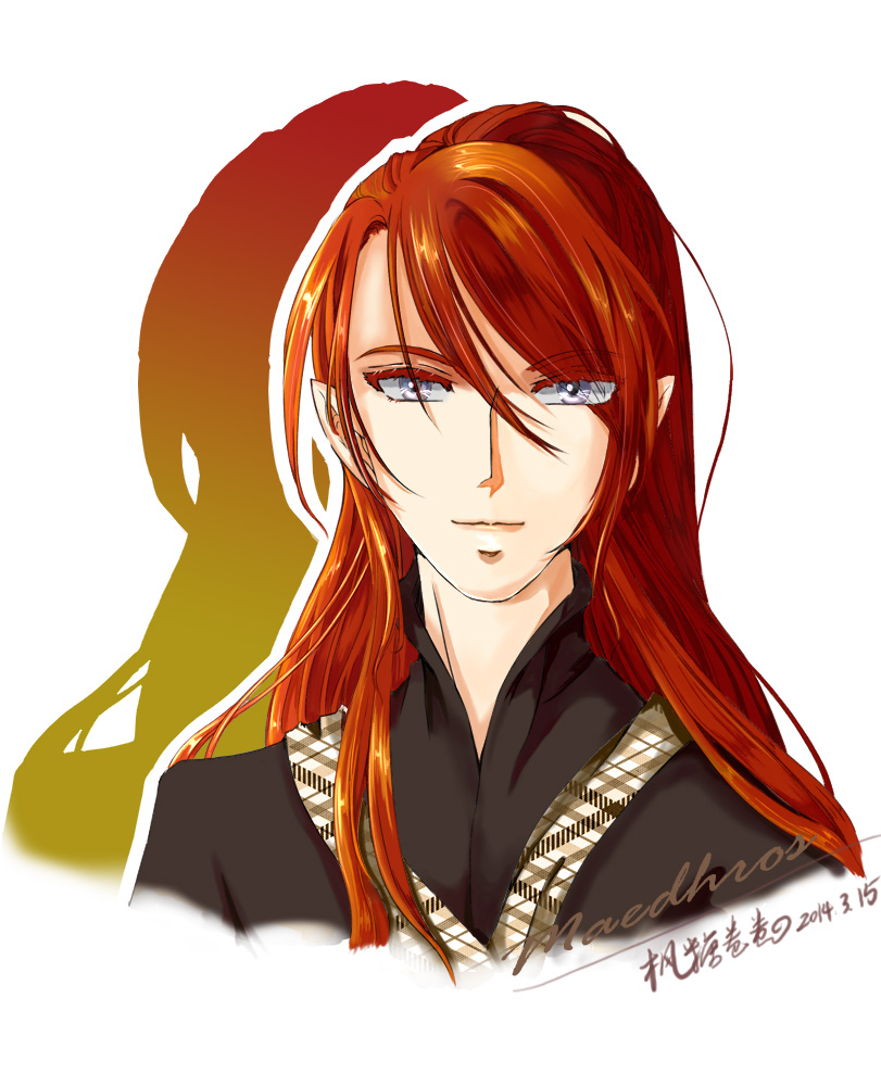 1boy 2014 androgynous character_name closed_mouth dated elf english_text eyebrows eyebrows_hidden_by_hair eyes_visible_through_hair hair_between_eyes japanese_text long_hair looking_at_viewer maedhros male_focus maple_sugar pointy_ears prince red_hair shadow solo the_silmarillion tolkien&#039;s_legendarium