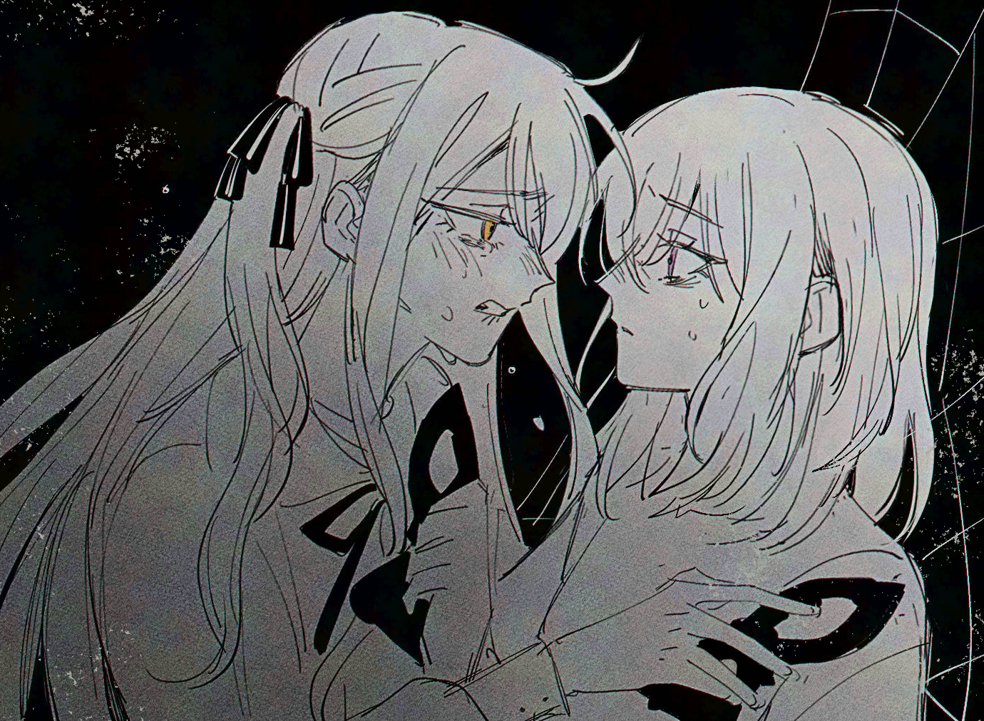 bang_dream! bang_dream!_it's_mygo!!!!! commentary doloris_(bang_dream!) eye_contact greyscale hair_ribbon holding holding_mask long_hair long_sleeves looking_at_another mask masquerade_mask maybecrosswise medium_hair misumi_uika monochrome oblivionis_(bang_dream!) purple_eyes ribbon sidelocks spot_color togawa_sakiko yellow_eyes