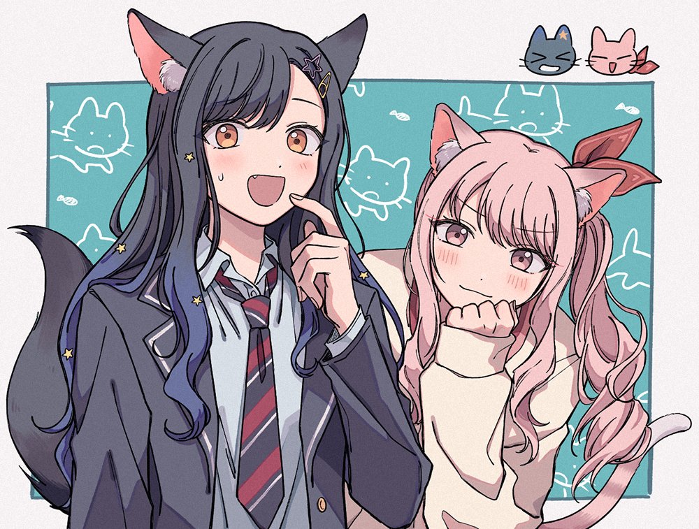 1girl 1other :d akiyama_mizuki androgynous animal_ear_fluff animal_ears animalization aqua_background b718293 baggy_clothes black_hair black_jacket black_necktie blazer blue_hair blush border buttons cardigan cat cat_ears cat_girl cat_tail cathead closed_mouth collared_shirt dark_blue_hair diagonal-striped_clothes diagonal-striped_necktie doodles drill_hair fang fangs finger_to_mouth fish framed frown gradient_hair hair_ornament hand_on_own_chin hand_up index_finger_raised jacket kamiyama_high_school_uniform_(project_sekai) kemonomimi_mode lapels long_hair long_sleeves looking_at_viewer loose_necktie multicolored_hair multicolored_necktie necktie notched_lapels open_clothes open_collar open_jacket open_mouth orange_eyes outside_border paperclip_hair_ornament pink_eyes pink_hair pink_shirt project_sekai red_necktie school_uniform shiraishi_an shirt side-by-side side_ponytail single_stripe sleeves_past_wrists smile star_(symbol) star_hair_ornament striped_clothes swept_bangs tail unbuttoned upper_body wavy_hair wavy_mouth whiskers white_border white_cardigan white_necktie white_shirt