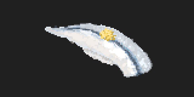 black_background fish_(food) food food_focus hisachan55cute mackerel_(fish) nigirizushi no_humans original pickled_ginger pixel_art rice simple_background still_life sushi