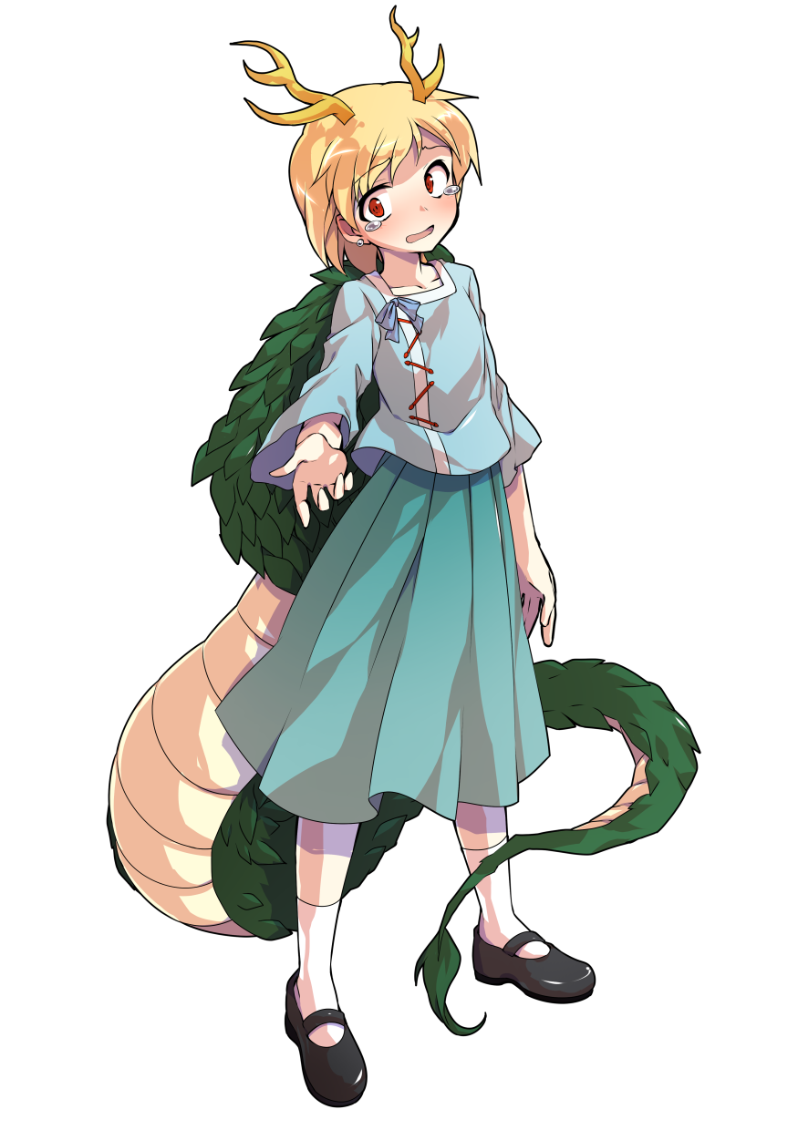 1girl alphes_(style) antlers aqua_skirt arm_at_side black_shoes blonde_hair blue_shirt blush collarbone commentary_request dairi dragon_girl dragon_tail full_body highres horns kicchou_yachie large_variant_set looking_at_viewer mary_janes open_mouth outstretched_arm parody reaching reaching_towards_viewer red_eyes shirt shoes short_hair skirt socks solo standing style_parody tachi-e tail tears touhou transparent_background variant_set white_socks