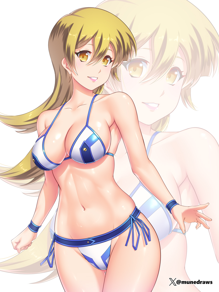 1girl bare_arms bare_legs bikini blonde_hair breasts cleavage etchimune gluteal_fold large_breasts long_hair looking_at_viewer navel smile solo swimsuit tenjouin_asuka thick_thighs thighs white_bikini wristband yellow_eyes yu-gi-oh! zoom_layer