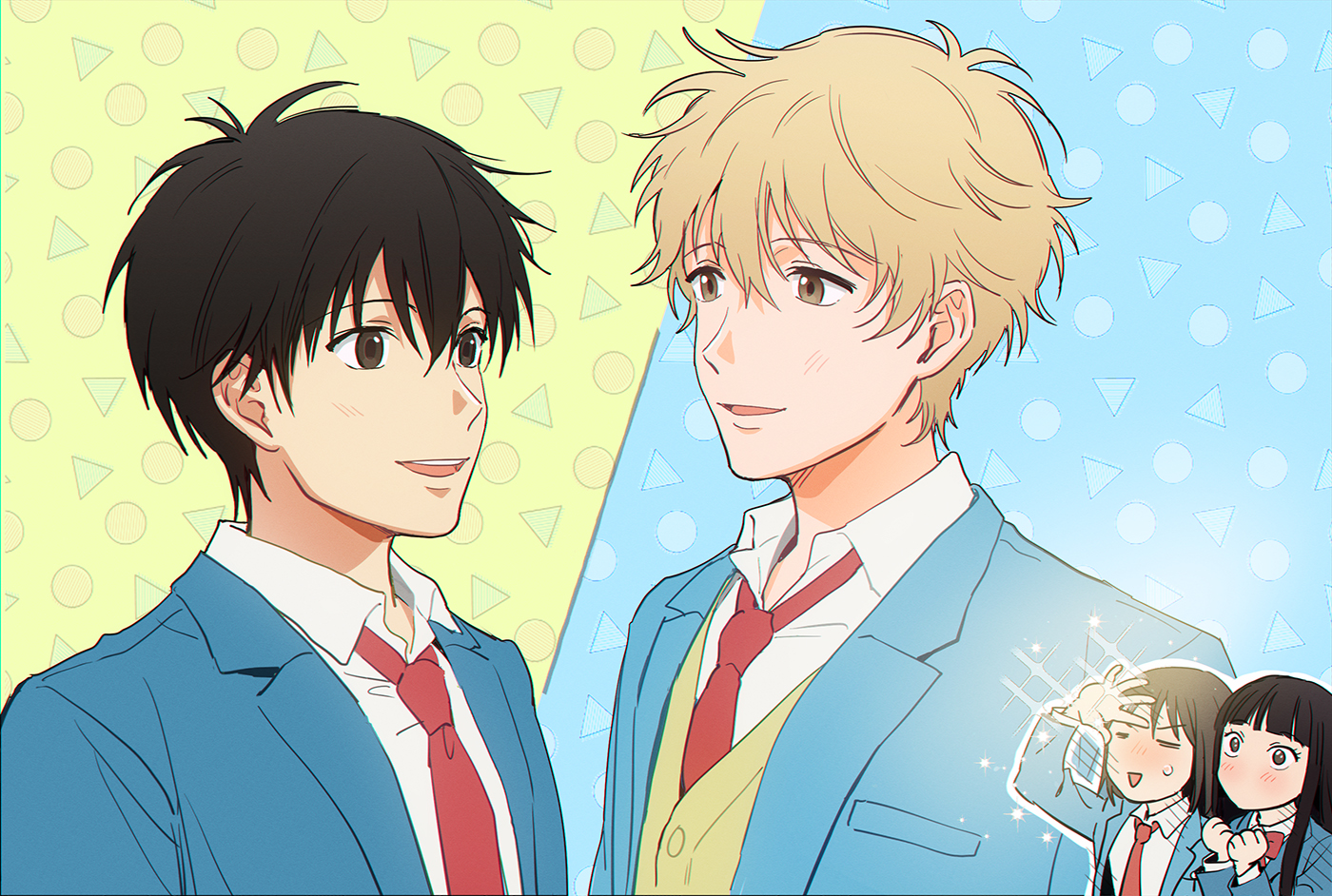 2boys 2girls black_eyes black_hair blazer blonde_hair blue_jacket blunt_bangs bob_cut bow brown_eyes brown_hair closed_eyes collared_shirt crossover iwakura_mitsumi jacket kazehaya_shouta kimi_ni_todoke kuronuma_sawako long_hair messy_hair multiple_boys multiple_girls necktie open_mouth red_bow red_necktie school_uniform shima_sousuke shirt short_hair skip_to_loafer smile sophie_(693432) sweater_vest trait_connection white_shirt yellow_sweater_vest