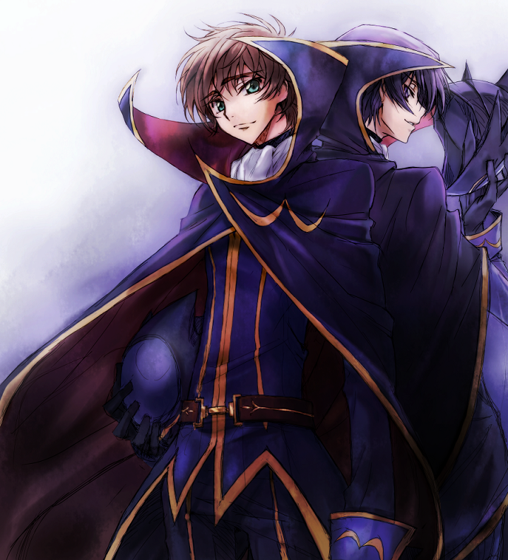 2boys black_hair brown_hair c_(rahit) code_geass green_eyes grin kururugi_suzaku lelouch_vi_britannia male_focus mask multiple_boys purple_eyes rahit smile zero_(code_geass)