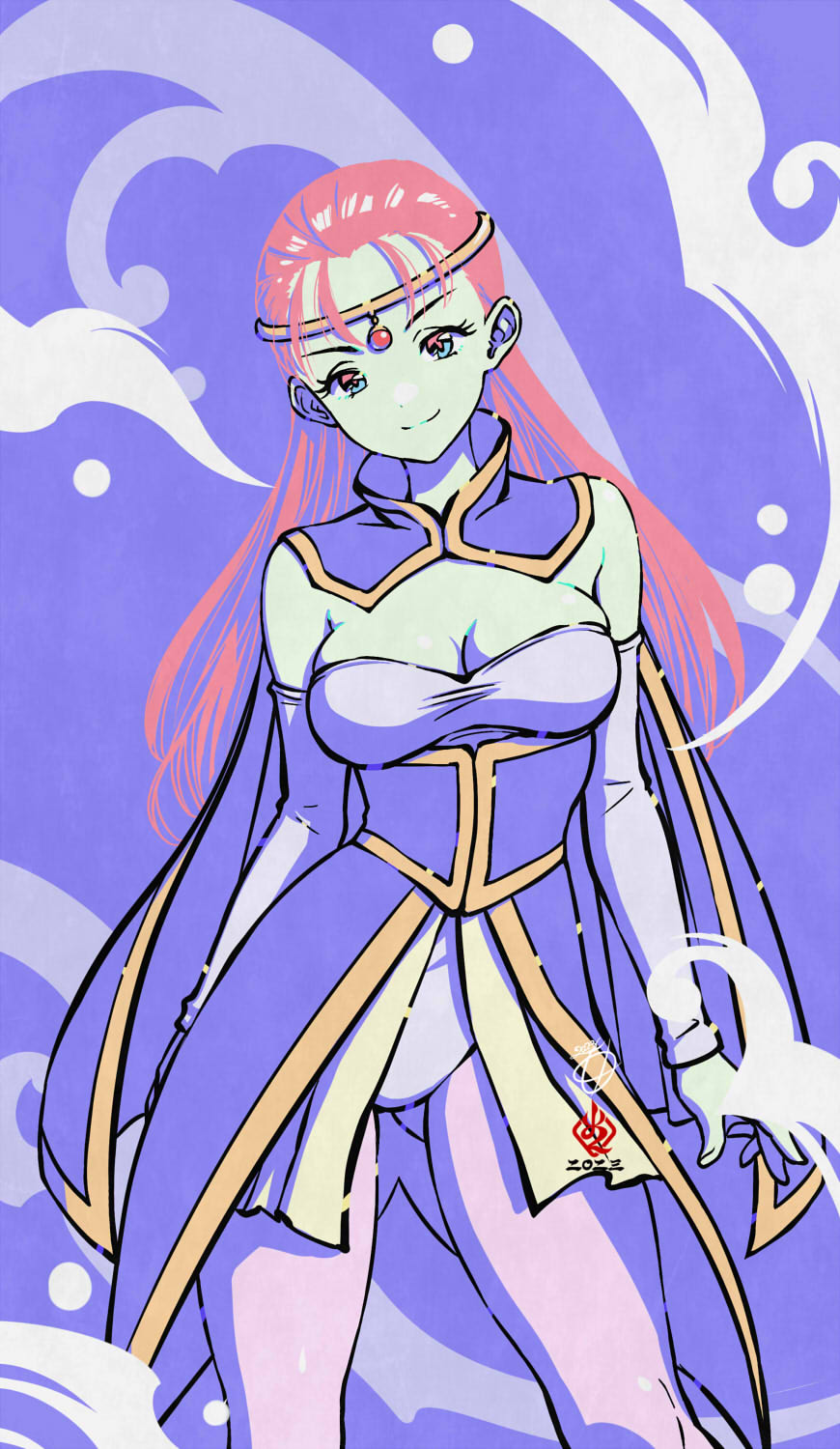 1girl aqua_eyes breasts cape caway circlet cleavage closed_mouth colored_skin commentary_request cowboy_shot detached_sleeves dragon_ball dragon_ball_super dress gluteal_fold gold_circlet green_skin highres kanchiyo large_breasts leotard long_hair looking_at_viewer multicolored_eyes pantyhose pink_eyes pink_hair pink_pantyhose purple_background purple_leotard purple_sleeves signature smile solo strapless strapless_leotard