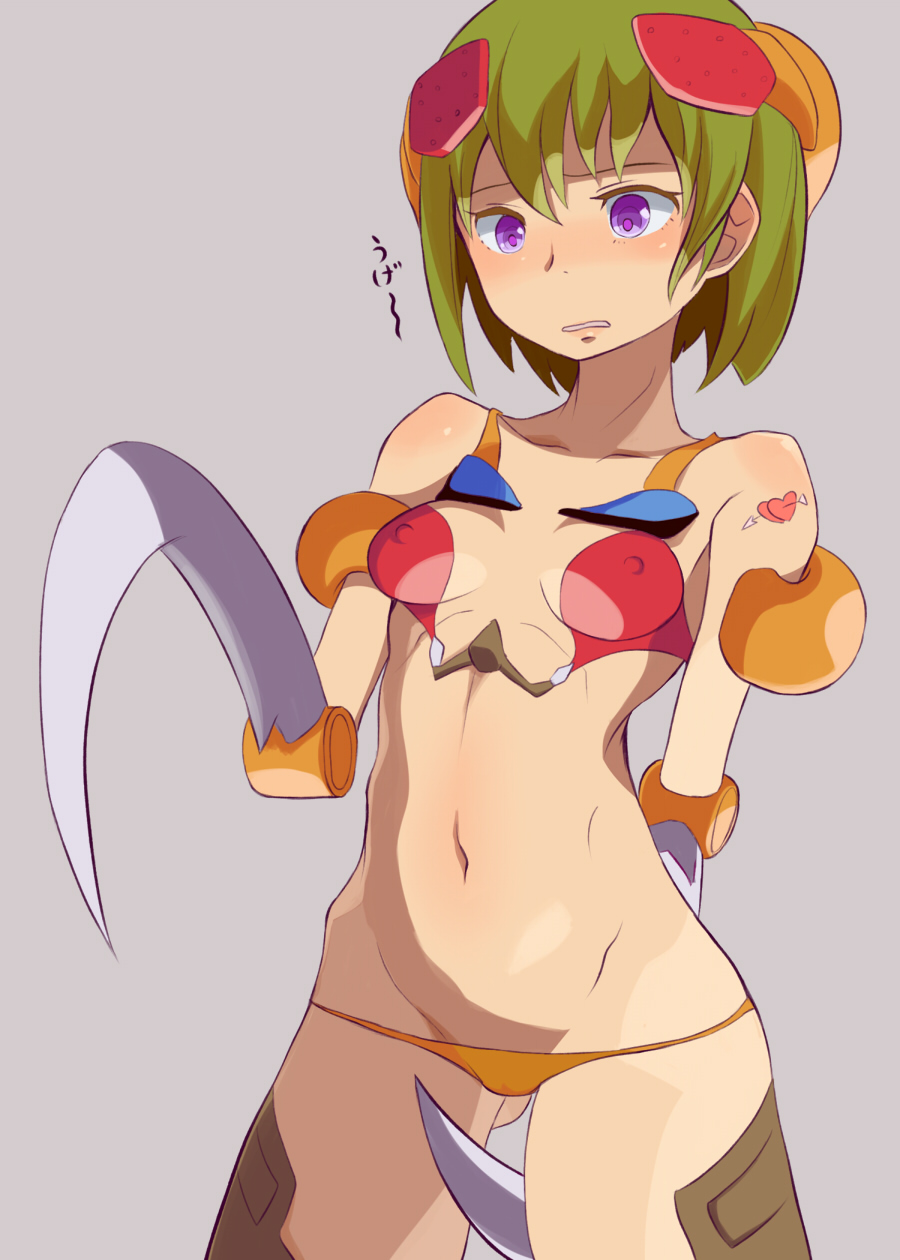 1girl blade cyborg female_focus green_hair gundam highres lowleg lowleg_panties mecha_musume mobile_suit_gundam panties personification purple_eyes revealing_clothes science_fiction short_hair solo tarayama underwear zakrello