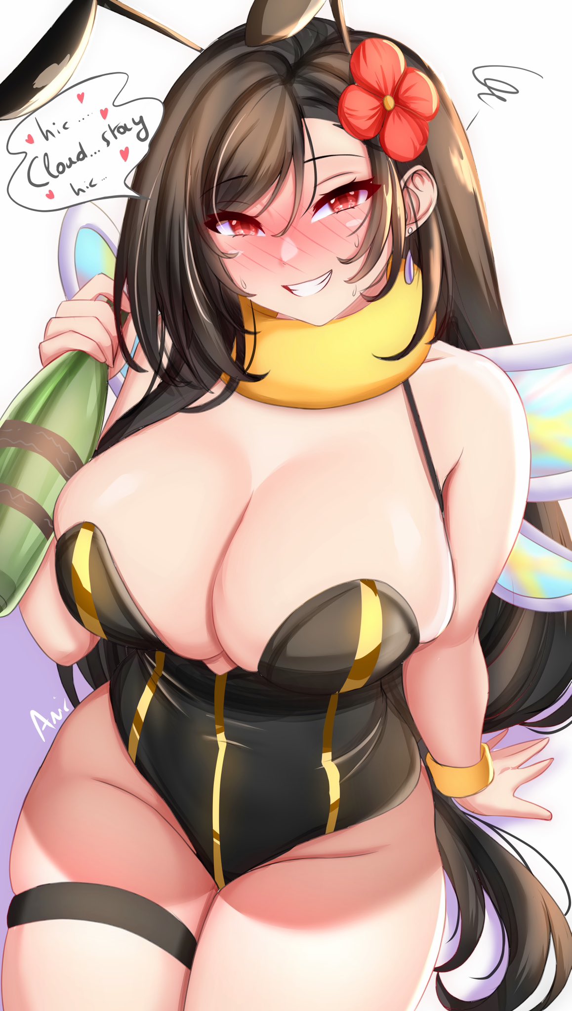 1girl anisdrawn bee_costume bee_wings black_leotard blush bottle breasts curvy drunk earrings english_text final_fantasy final_fantasy_vii final_fantasy_vii_remake flower grin groin hair_flower hair_ornament hiccup highres holding holding_bottle insect_wings jewelry large_breasts leotard long_hair red_eyes red_flower sitting smile solo speech_bubble thigh_strap tifa_lockhart very_long_hair wings
