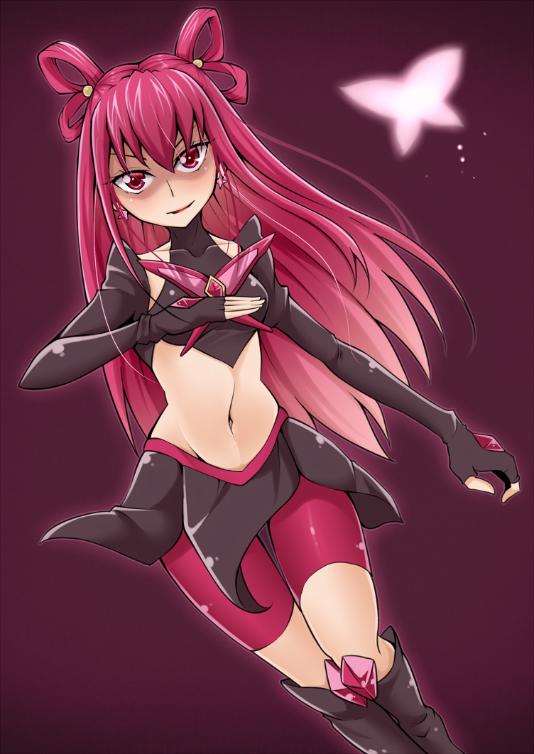 00s 1girl bike_shorts bike_shorts_under_skirt black_boots black_gloves black_skirt boots brooch dark_cure_(yes!_precure_5) dark_dream earrings elbow_gloves female_focus fingerless_gloves full_body gloves hair_rings halterneck jewelry kanichiri knee_boots long_hair midriff navel pink_eyes pink_hair precure purple_background shorts shorts_under_skirt skirt smile solo thigh_gap yes!_precure_5