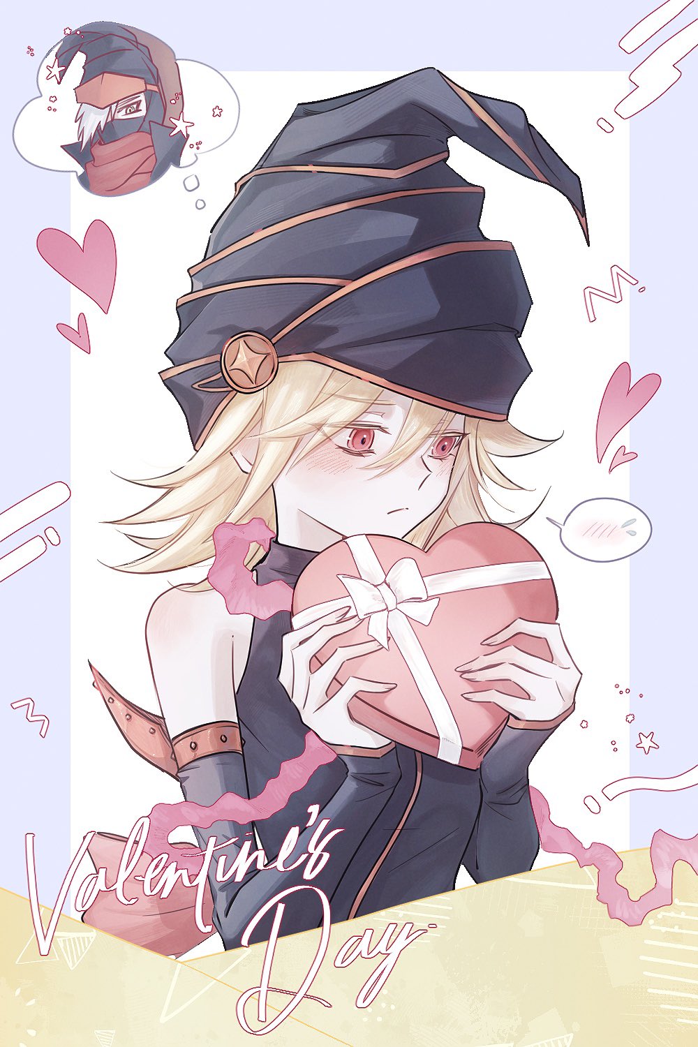 1boy 1girl bare_shoulders black_dress black_hat blonde_hair box dress duel_monster english_text gagaga_girl gagaga_magician hat heart-shaped_box highres medium_hair moseub126008 purple_eyes speech_bubble spoken_blush thought_bubble upper_body valentine yu-gi-oh!