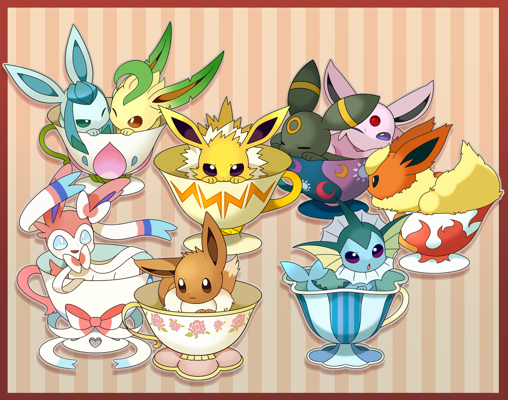 border bow brown_border closed_eyes crescent cup eevee espeon evolutionary_line facial_mark fins flareon forehead_jewel forehead_mark gen_1_pokemon gen_2_pokemon gen_4_pokemon gen_6_pokemon glaceon jolteon kashiri_kurosuke leafeon nintendo no_humans one_eye_closed pokemon pokemon_(creature) sleeping striped_background sylveon teacup umbreon vaporeon