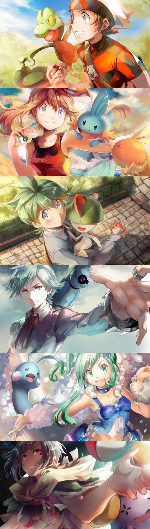 10s 3boys 3girls altaria aqua_hair arm_warmers asymmetrical_hair beldum black_hair blue_eyes brendan_(pokemon) brendan_(pokemon_oras) brown_hair choker cloak earrings fur_collar gen_3_pokemon grin hair_ribbon hat highres holding holding_poke_ball idol jewelry lisia_(pokemon) long_hair may_(pokemon) may_(pokemon_oras) metagross midriff mudkip multiple_boys multiple_girls nintendo open_mouth poke_ball pokemon pokemon_(creature) pokemon_oras r-sraven ralts red_eyes ribbon ring shirt short_hair showgirl_skirt sidelocks silver_hair sleeveless sleeveless_shirt smile sparkle starter_pokemon_trio steven_stone torchic treecko two_side_up wally_(pokemon) whismur zinnia_(pokemon)