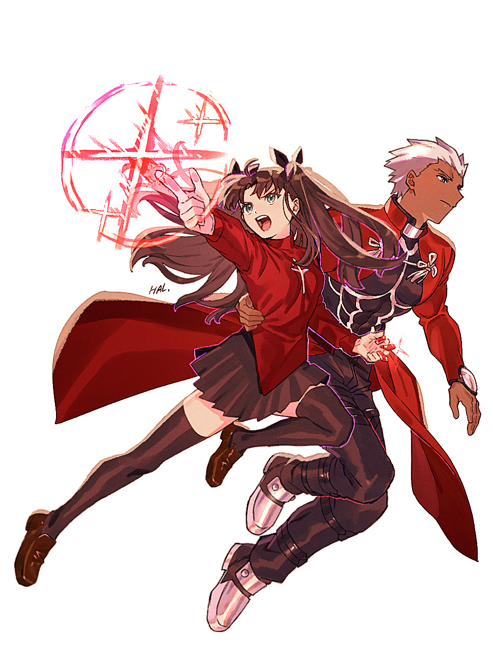 1boy 1girl archer_(fate) black_pants black_shirt black_skirt black_thighhighs brown_footwear brown_hair closed_mouth coat dark-skinned_male dark_skin dynamic_pose fate/stay_night fate_(series) finger_gun frown gem green_eyes hal_(haaaalhal) hand_on_another&#039;s_waist highres long_hair long_sleeves magic pants pectorals red_coat red_gemstone red_sweater shirt short_hair skirt socks steel-toe_boots sweater thighhighs tohsaka_rin twintails white_hair white_socks