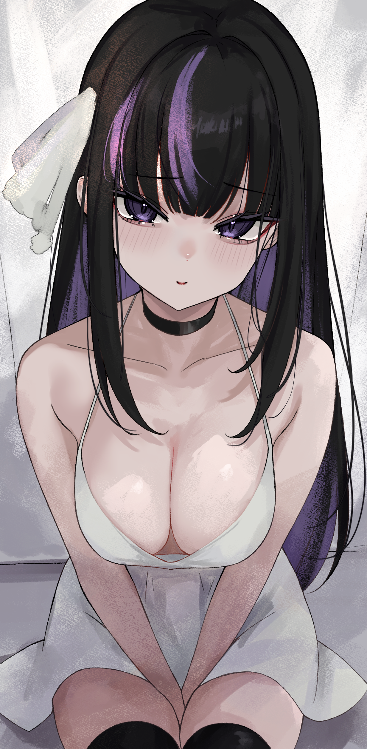 1girl absurdres arms_between_legs black_choker black_hair breasts choker collarbone colored_inner_hair dress hair_between_eyes hair_over_shoulder highres indie_virtual_youtuber large_breasts looking_at_viewer looking_up multicolored_hair purple_eyes purple_hair rifufu ririsya sitting solo streaked_hair thighhighs virtual_youtuber white_dress zettai_ryouiki