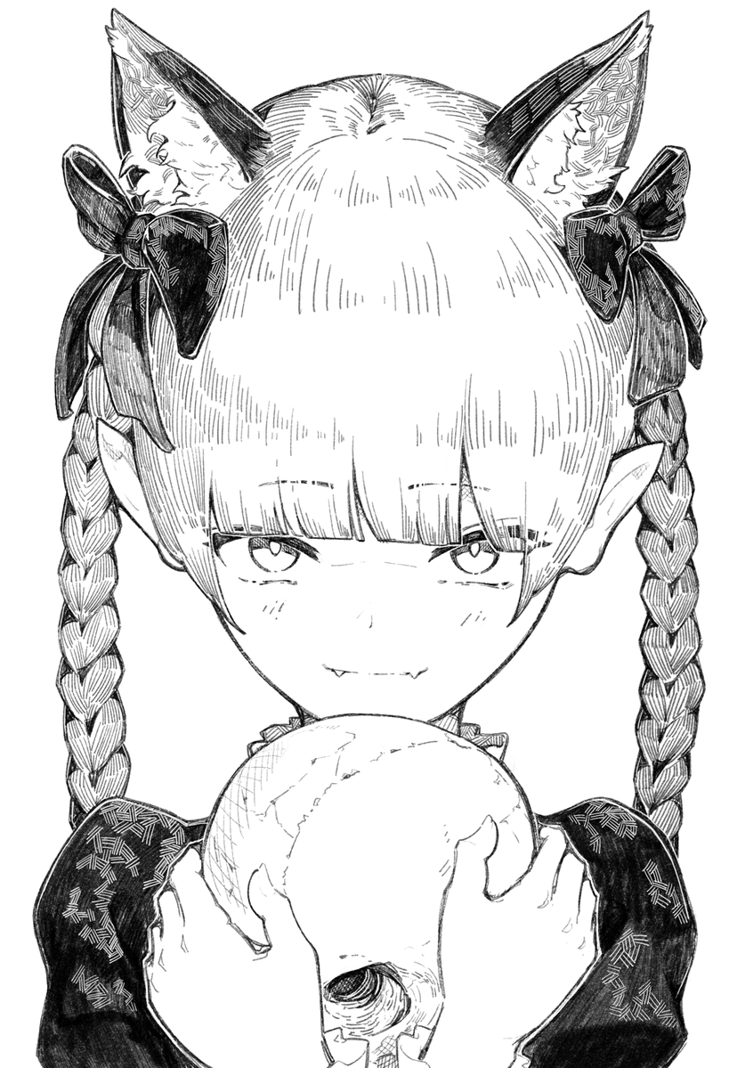 1girl animal_ear_fluff animal_ears blunt_bangs blush bow braid cat_ears crossed_wrists dress extra_ears fangs fangs_out greyscale hair_bow holding holding_skull kaenbyou_rin long_hair looking_at_viewer monochrome pointy_ears portrait sashimi_oniku skull smile solo straight-on touhou twin_braids white_background