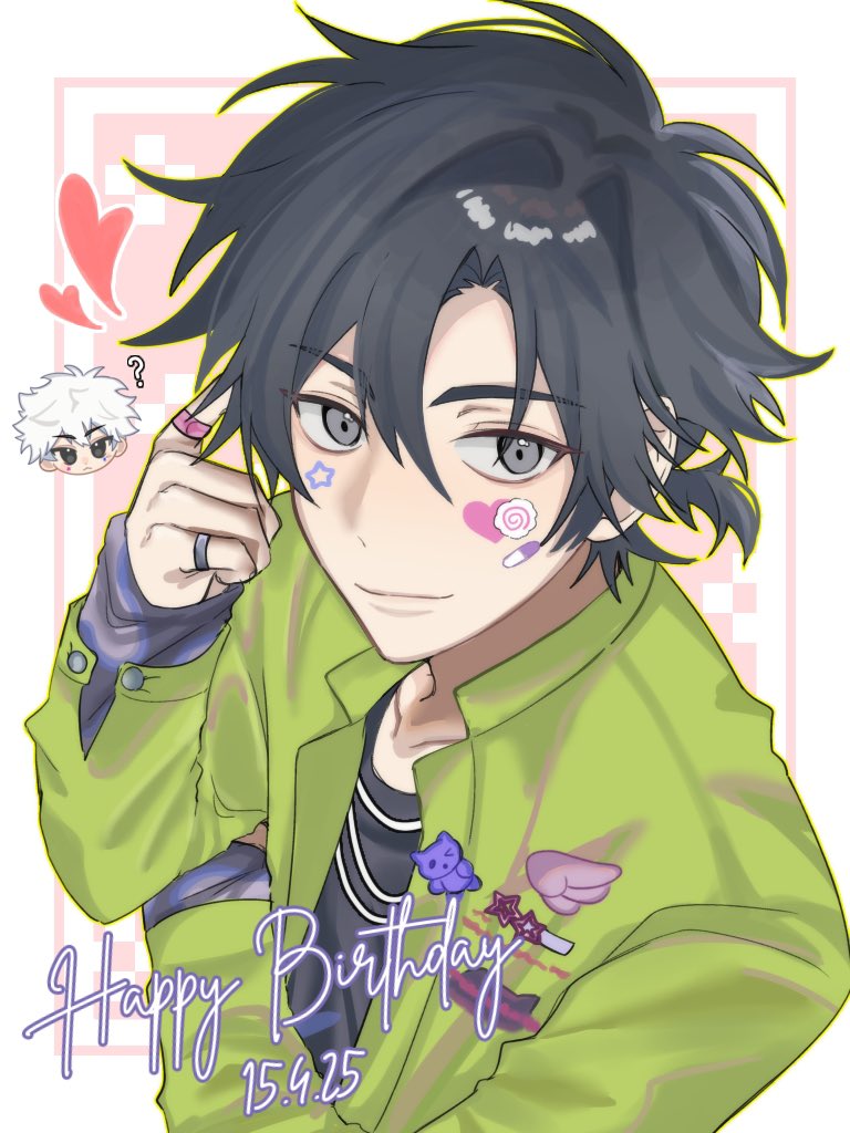 2boys ? alternate_costume badge black_eyes black_hair black_shirt button_badge cheng_xiaoshi chibi chibi_inset closed_mouth dated green_jacket grey_eyes hair_between_eyes hand_up happy_birthday heart jacket jewelry long_sleeves looking_at_viewer lu_guang male_focus mikumikumi23 multiple_boys multiple_rings necklace open_clothes open_jacket ponytail ring shiguang_dailiren shirt short_hair short_ponytail sleeves_past_wrists smile solo_focus star_(symbol) sticker sticker_on_face upper_body white_background white_hair