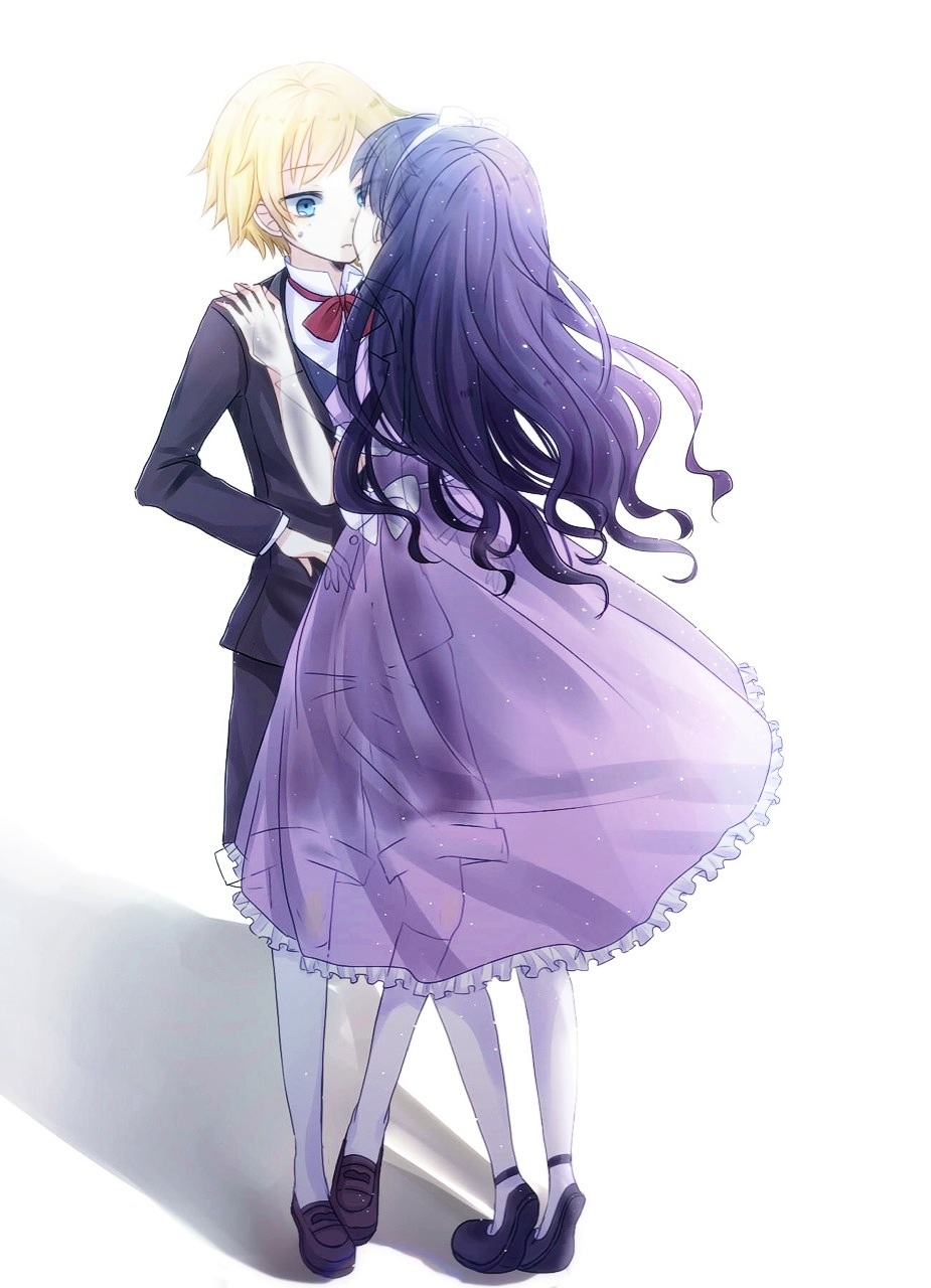 1boy 1girl black_hair blonde_hair blue_eyes bow bowtie chloe_ardenne chloe_no_requiem dissolving dress formal_clothes hetero highres kiss long_hair michel_d&#039;alembert pantyhose short_hair spoilers suit tiptoes traditional_bowtie white_background white_pantyhose