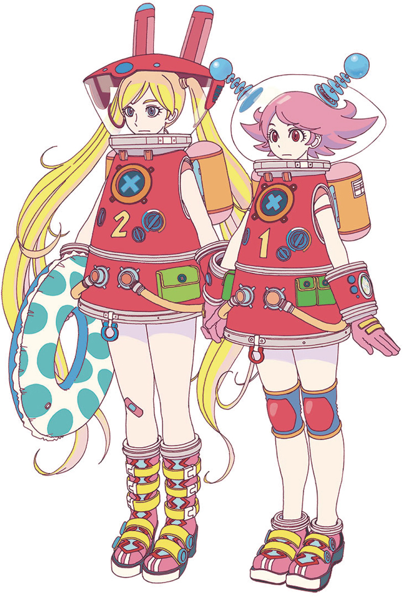 2girls arms_at_sides azuma_kiyohiko bandaid bandaid_on_knee bandaid_on_leg blue_eyes boots expressionless full_body gloves innertube knee_brace long_hair multiple_girls official_art pink_gloves pink_hair red_eyes reset_(wonder_festival) robot_costume shoes short_hair simple_background sneakers swim_ring wanda_(wonder_festival) white_background wonder_festival