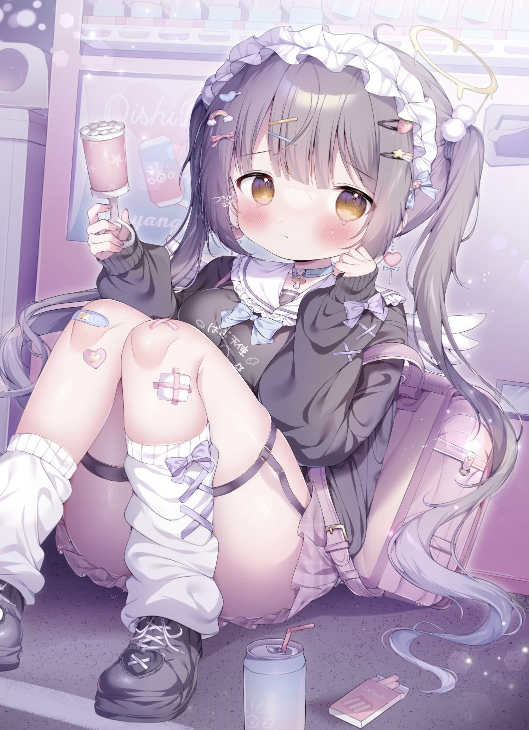 1girl ahoge angel angel_wings backpack bag bandaid bandaid_on_knee bandaid_on_leg black_hair black_shoes black_sweater blue_bow blue_bowtie bow bowtie breasts can closed_mouth collared_sweater commentary_request cross-laced_shoes crying crying_with_eyes_open earrings food-themed_hair_ornament frilled_sailor_collar frills garter_straps hair_bow hair_ornament hairclip halo heart heart_earrings heart_hair_ornament highres jewelry leg_warmers light_particles long_hair long_sleeves maid_headdress medium_breasts melting_halo miniskirt original pink_bag pink_skirt rainbow_hair_ornament randoseru red_bow sailor_collar shoes shooting_star_hair_ornament sitting skirt star_(symbol) star_hair_ornament strawberry_hair_ornament sweater tears thigh_strap thighs tsukimi_mumi twintails vending_machine very_long_hair white_leg_warmers white_wings wings yellow_halo
