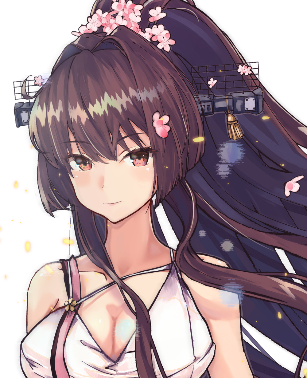 1girl bad_id bad_nicoseiga_id breasts brown_eyes brown_hair cherry_blossoms cleavage female_focus flower hair_flower hair_ornament highres himeyamato kantai_collection large_breasts long_hair looking_at_viewer matching_hair/eyes ponytail self-upload smile solo umbrella very_long_hair yamato_(kancolle)