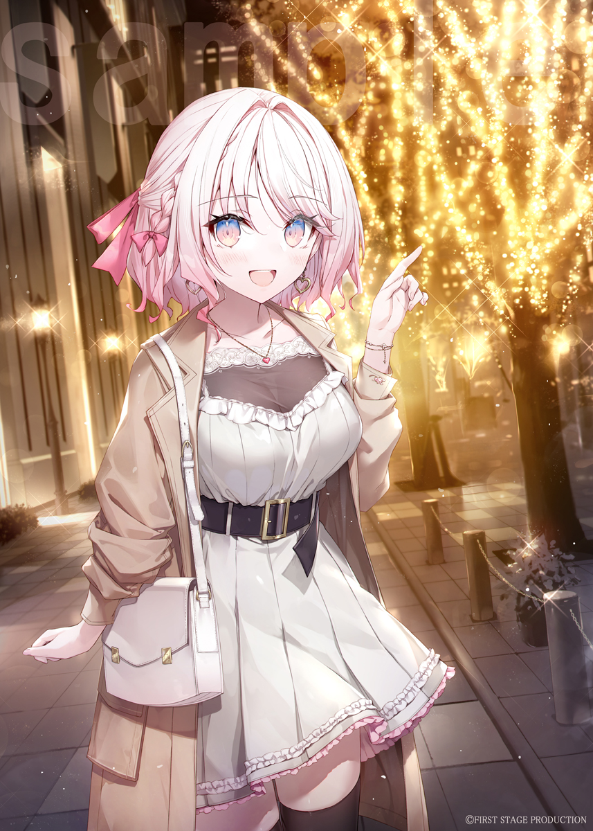 1girl bag braid breasts brown_coat coat dress earrings first_stage_production gabiran grey_dress handbag highres jewelry open_clothes open_coat open_mouth pink_eyes pink_hair pink_ribbon pointing ribbon road ryugahama_yue solo street tree virtual_youtuber white_bag