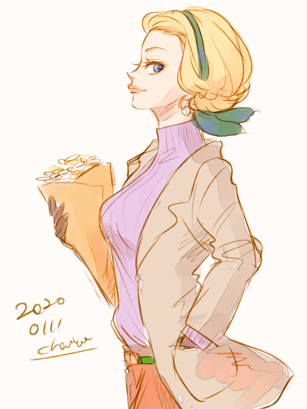 1girl alternate_costume animification artist_name blonde_hair bouquet chai_5 coat daisy_duck disney earrings flower from_side highres holding holding_bouquet humanization jewelry mickey_mouse_&amp;_friends open_clothes open_coat pants personification short_hair solo sweater