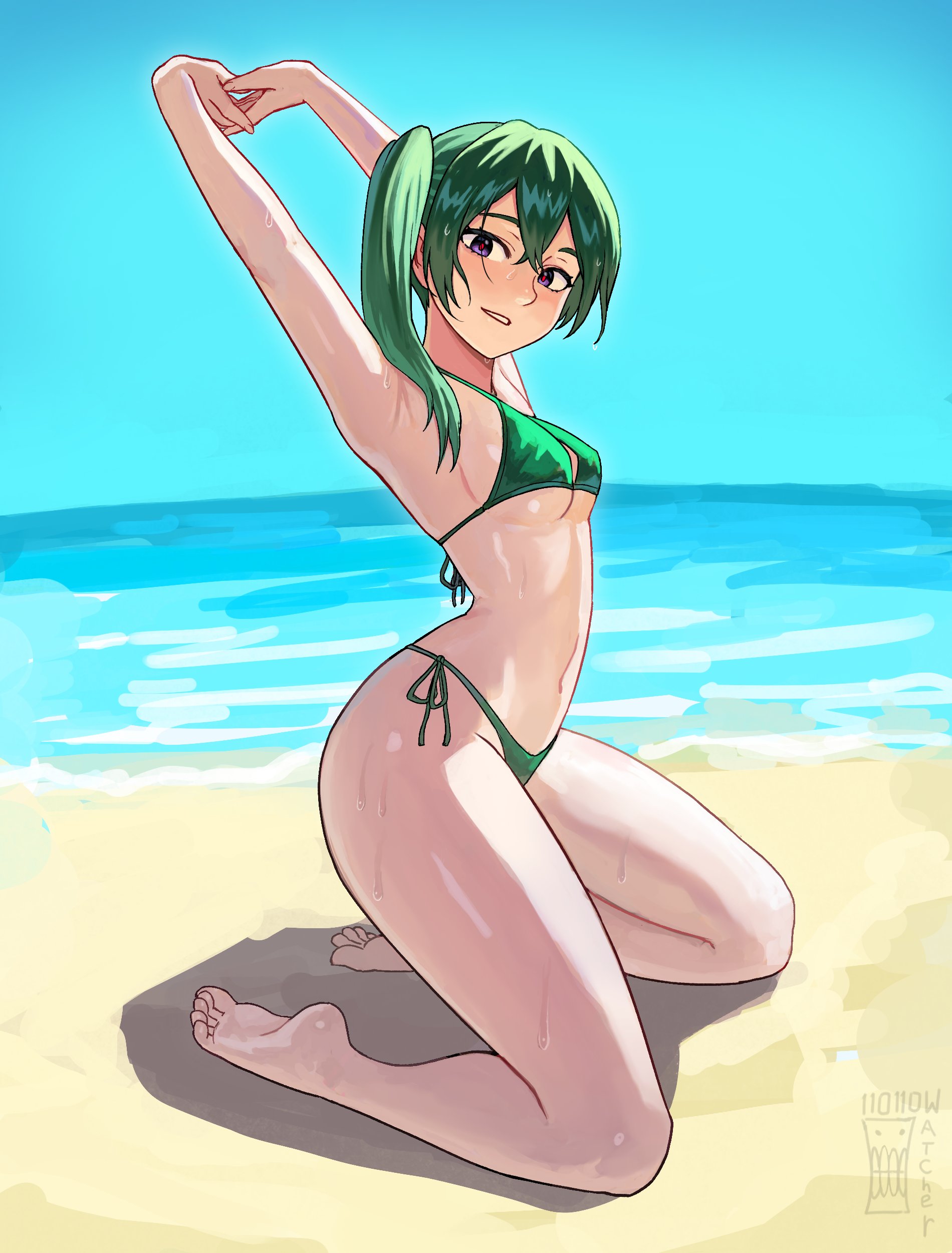 1girl absurdres armpits arms_up artist_name bare_arms bare_legs bare_shoulders barefoot beach bikini blue_sky breasts commentary day english_commentary feet full_body green_bikini green_hair hair_between_eyes highres horizon kneeling long_hair medium_breasts navel outdoors parted_lips purple_eyes red_pupils sand side-tie_bikini_bottom side_ponytail sky smile soles solo sousou_no_frieren stomach stretching sweat swimsuit ubel_(sousou_no_frieren) watcher_hollow water