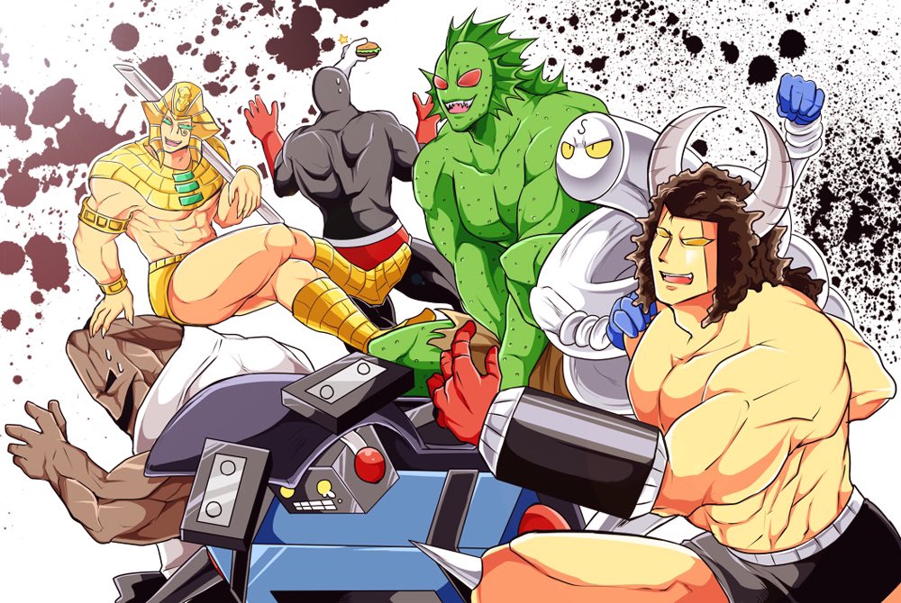6+boys android armor artist_request atlantis_(kinnikuman) attack biceps black_hole_(kinnikuman) buffaloman burger dougi evil_smile faceless floating gloves grin headphones jumping kinnikuman large_pectorals looking_afar manly mask mister_khamen monster_boy multiple_boys muscular no_eyes no_mouth pectorals red_gloves running sharp_teeth simple_background smile spring_(object) springman_(kinnikuman) stecase_king teeth the_mountain_(kinnikuman) white_background wrestling wrestling_outfit