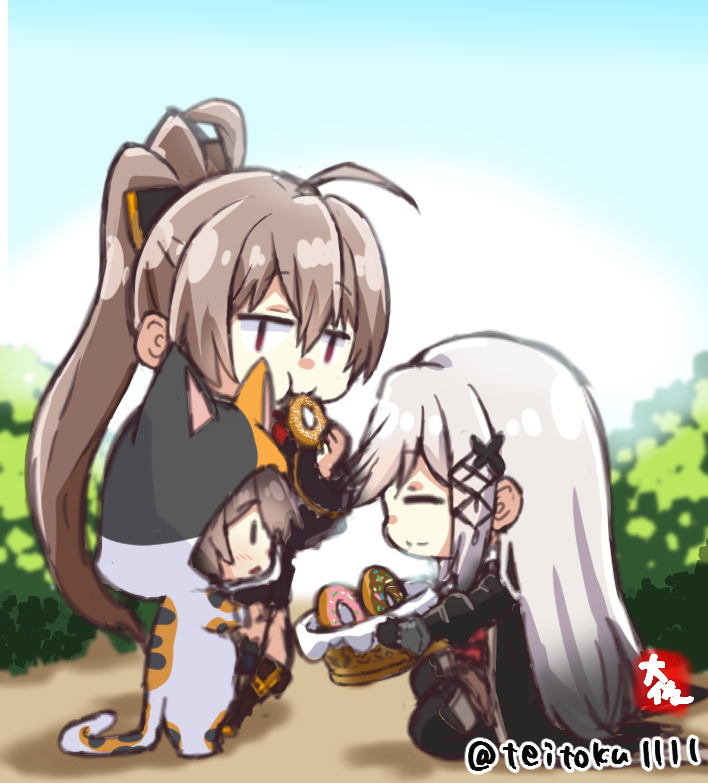3girls animal_costume azur_lane basket cat_costume chibi crossover donut dunkerque_(azur_lane) eating food full_body jean_bart_(azur_lane) kaga_(kancolle) kantai_collection multiple_girls outdoors sprinkles taisa_(kari) twitter_username