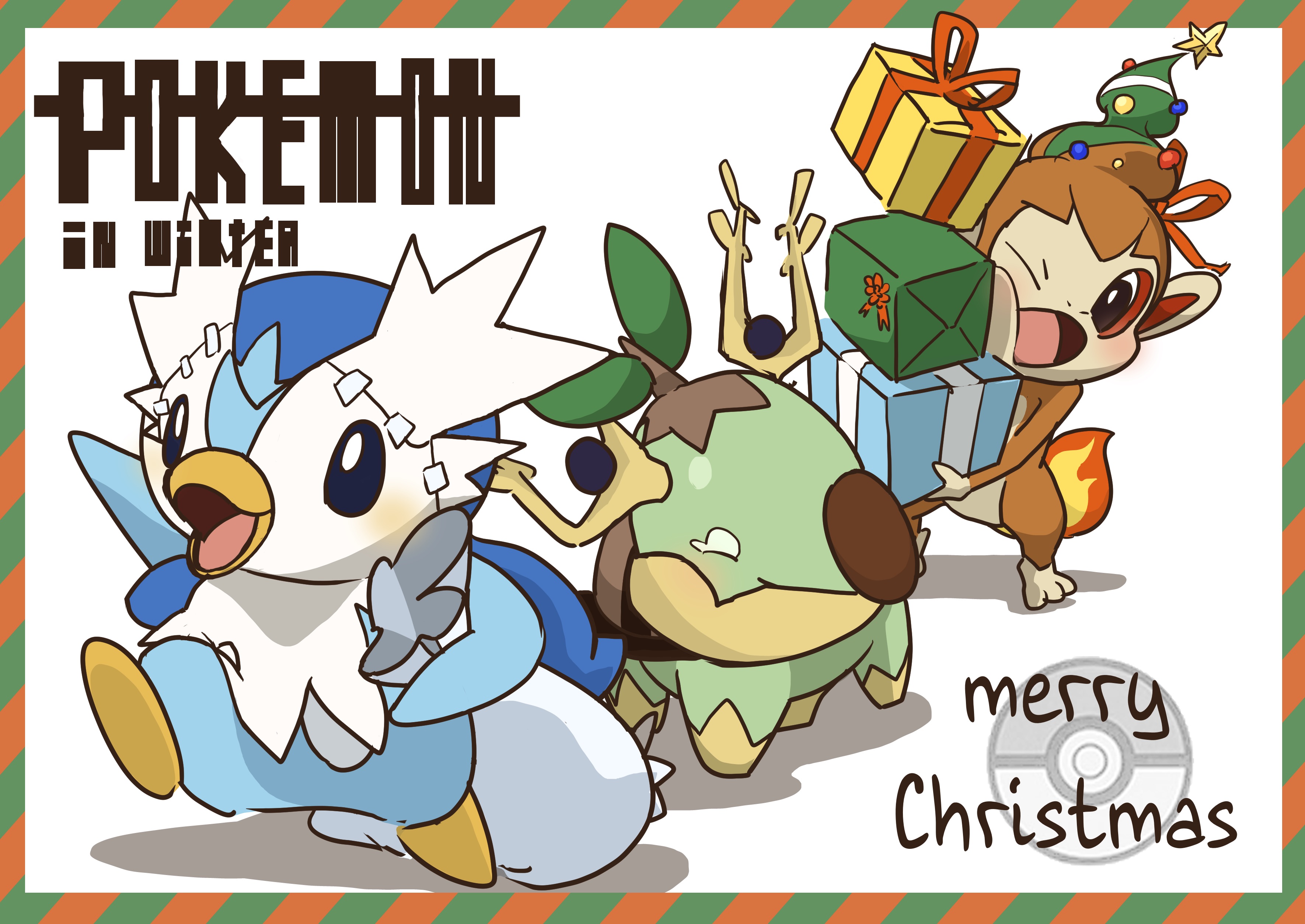 absurdres black_eyes blush box chimchar christmas commentary_request copyright_name cosplay delibird delibird_(cosplay) fire game_freak gen_2_pokemon gen_4_pokemon gift gift_box highres holding holding_gift merry_christmas nikkado nintendo no_humans open_mouth piplup poke_ball_symbol pokemon pokemon_(creature) ribbon standing stantler stantler_(cosplay) starter_pokemon_trio tongue turtwig