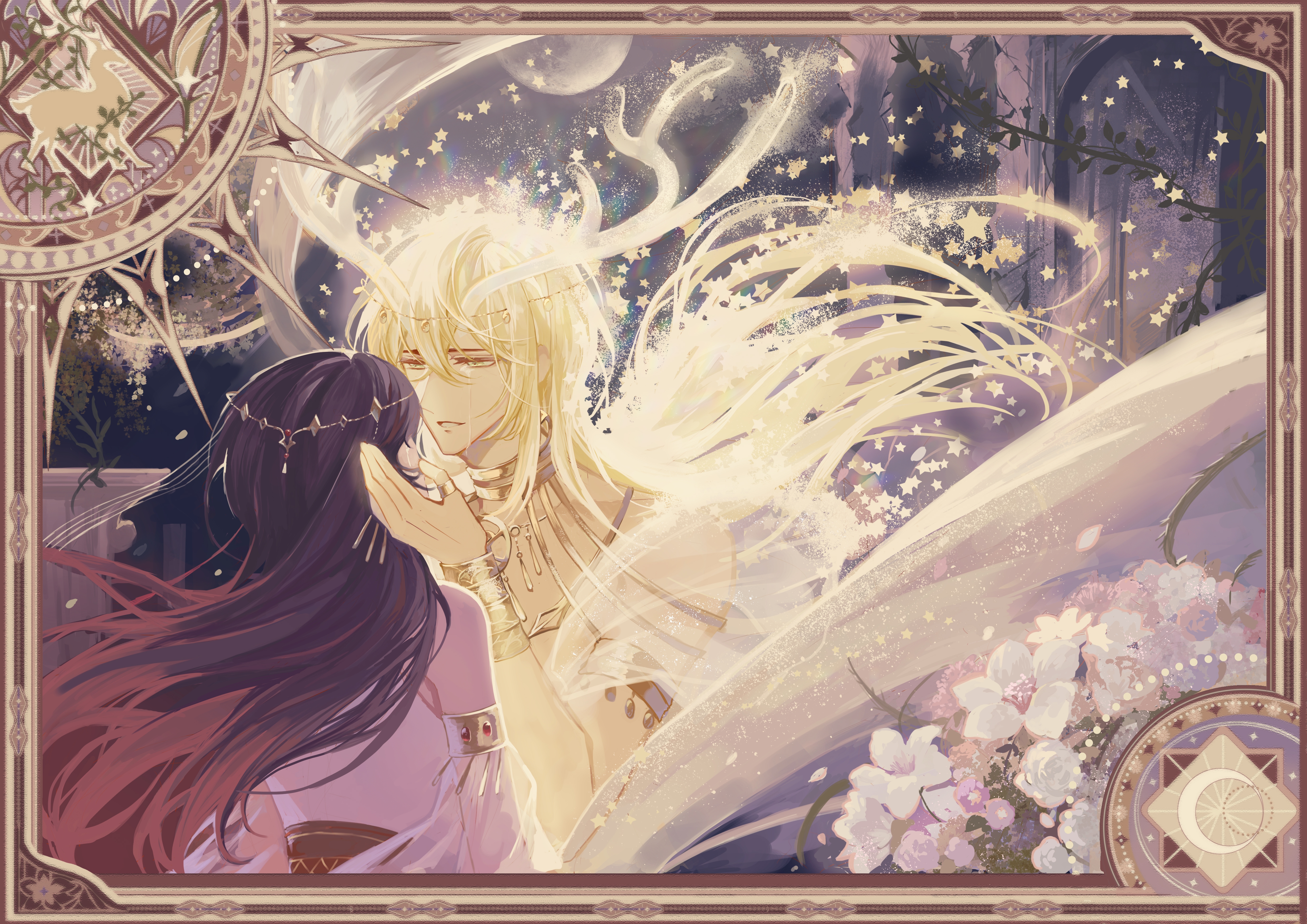 1boy 1girl absurdres alkaid_mcgrath alkaid_mcgrath_(spirit_world) antlers arch armlet black_hair blonde_hair border bracer chinese_commentary colored_tips crying crying_with_eyes_open detached_sleeves disintegration earrings facing_away floating_hair flower full_moon gold_collar gold_necklace green_eyes hair_between_eyes hand_on_another's_face head_chain heroine_(lovebrush_chronicles) highres hoop_earrings horns jewelry long_hair long_sleeves looking_at_another lovebrush_chronicles moon multicolored_hair necklace night ornate_border parted_lips pillar plant puffy_long_sleeves puffy_sleeves purple_flower red_hair see-through_clothes see-through_shawl shawl shirt sleeveless sleeveless_shirt smile snow234 spoilers star_(symbol) tears topless_male upper_body vines watermark weibo_watermark white_flower white_shawl white_shirt