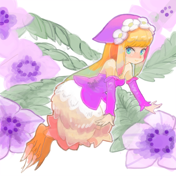 1girl bird_girl blonde_hair blue_eyes commentary detached_hood detached_sleeves dress feathers flower flower_ornament flower_wings legend_of_mana light_smile long_hair looking_at_viewer monique_(lom) pink_dress pink_hood purple_flower seiken_densetsu sidelocks solo strapless strapless_dress talking_hood talons white_background white_feathers