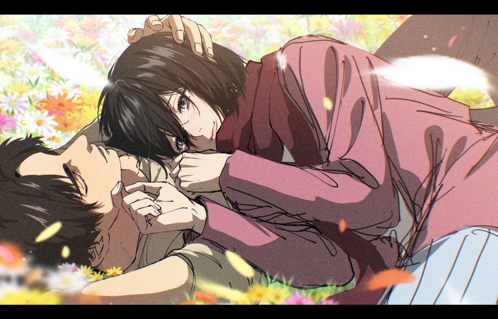 1boy 1girl 35ohama_yu black_border black_hair border brown_hair closed_eyes closed_mouth crying crying_with_eyes_open eren_yeager field flower flower_field jacket lying mikasa_ackerman pink_jacket red_scarf scarf shingeki_no_kyojin skirt smile tears white_skirt