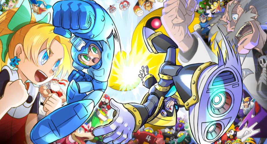 1girl 6+boys ariga_hitoshi auto_(mega_man) bass_(mega_man) beat_(mega_man) blonde_hair blue_helmet character_request clenched_hands commentary_request cosplay crossed_arms dougi dr._light_(mega_man) dr._wily_(mega_man) dress facial_hair facial_mark green_eyes grey_hair hair_ribbon helmet high_ponytail mega_man_(character) mega_man_(classic) mega_man_(series) met_(mega_man) multiple_boys mustache non-humanoid_robot official_art ponytail punching red_dress red_eyes ribbon robot robot_animal robot_dog robot_girl rush_(mega_man) ryu_(street_fighter) ryu_(street_fighter)_(cosplay) shade_man shadow_man_(mega_man) smirk sniper_joe_(mega_man) street_fighter street_fighter_6 treble_(mega_man) upside-down white_beard white_hair yellow_devil_(mega_man)