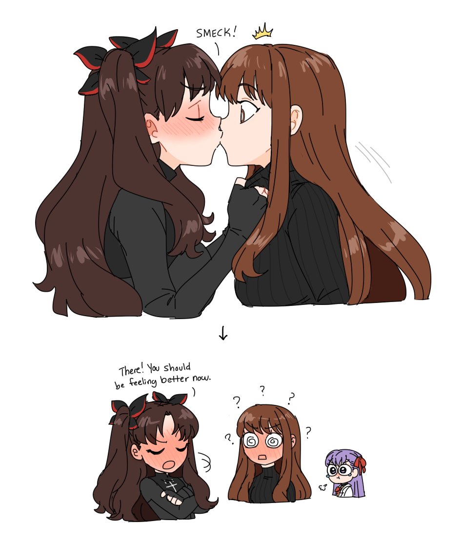 3girls ? @_@ blush brown_hair closed_eyes dashingicecream english_text fate/extra fate/extra_record fate_(series) full-face_blush kishinami_hakuno_(female) kiss long_hair matou_sakura matou_sakura_(fate/extra) multiple_girls official_alternate_costume puff_of_air purple_hair simple_background tohsaka_rin_(fate/extra) tsundere white_background yuri