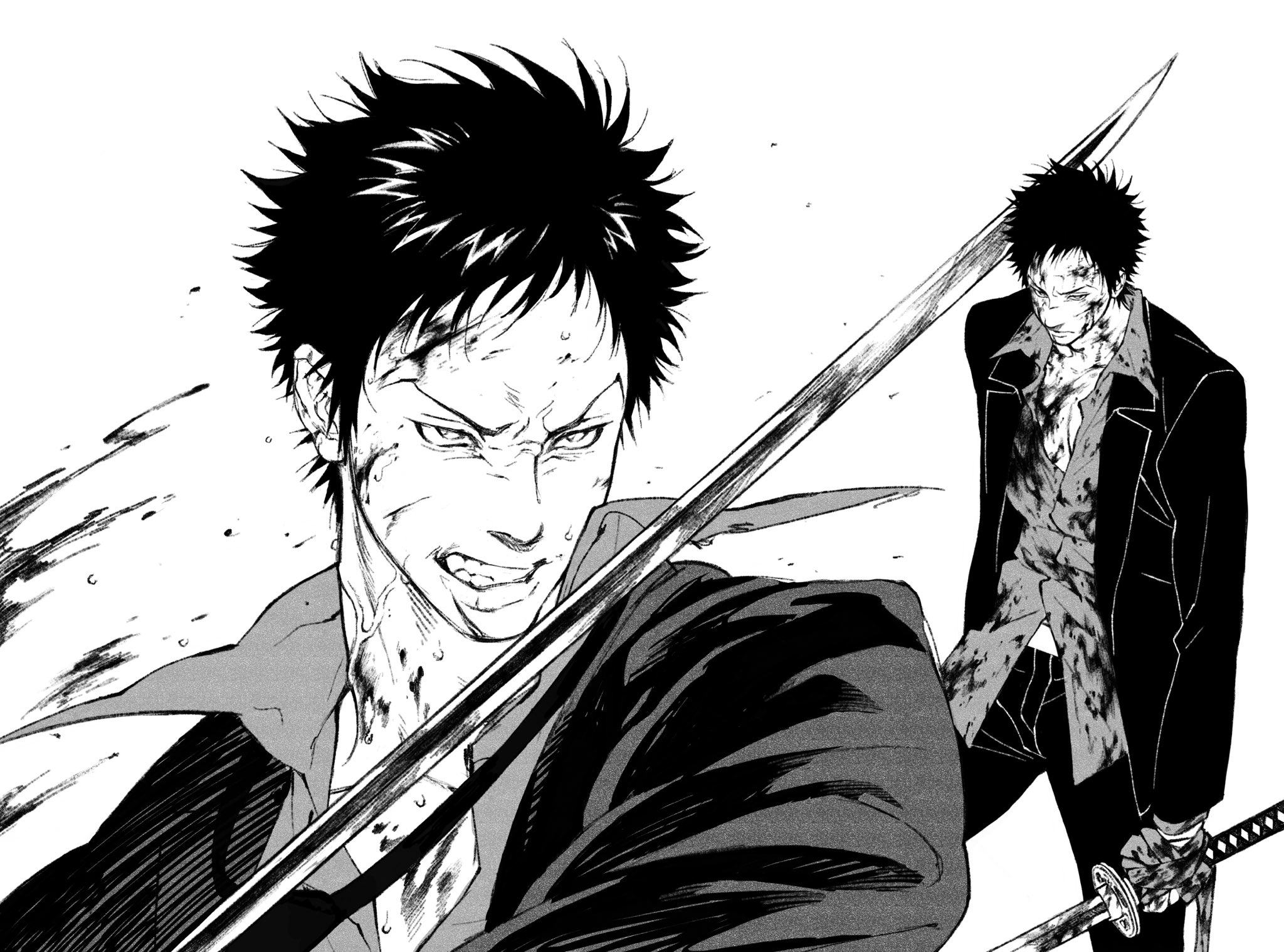 1boy angry black_hair black_jacket black_pants blood blood_on_clothes blood_on_face blood_splatter clenched_teeth closed_mouth collarbone collared_shirt commentary feet_out_of_frame highres holding holding_sword holding_weapon jacket katana katekyo_hitman_reborn! long_sleeves looking_ahead male_focus monochrome multiple_views open_clothes open_shirt pants shirt short_hair simple_background suit_jacket sword symbol-only_commentary teeth umkaqryi upper_body veins veiny_neck weapon white_background yamamoto_takeshi