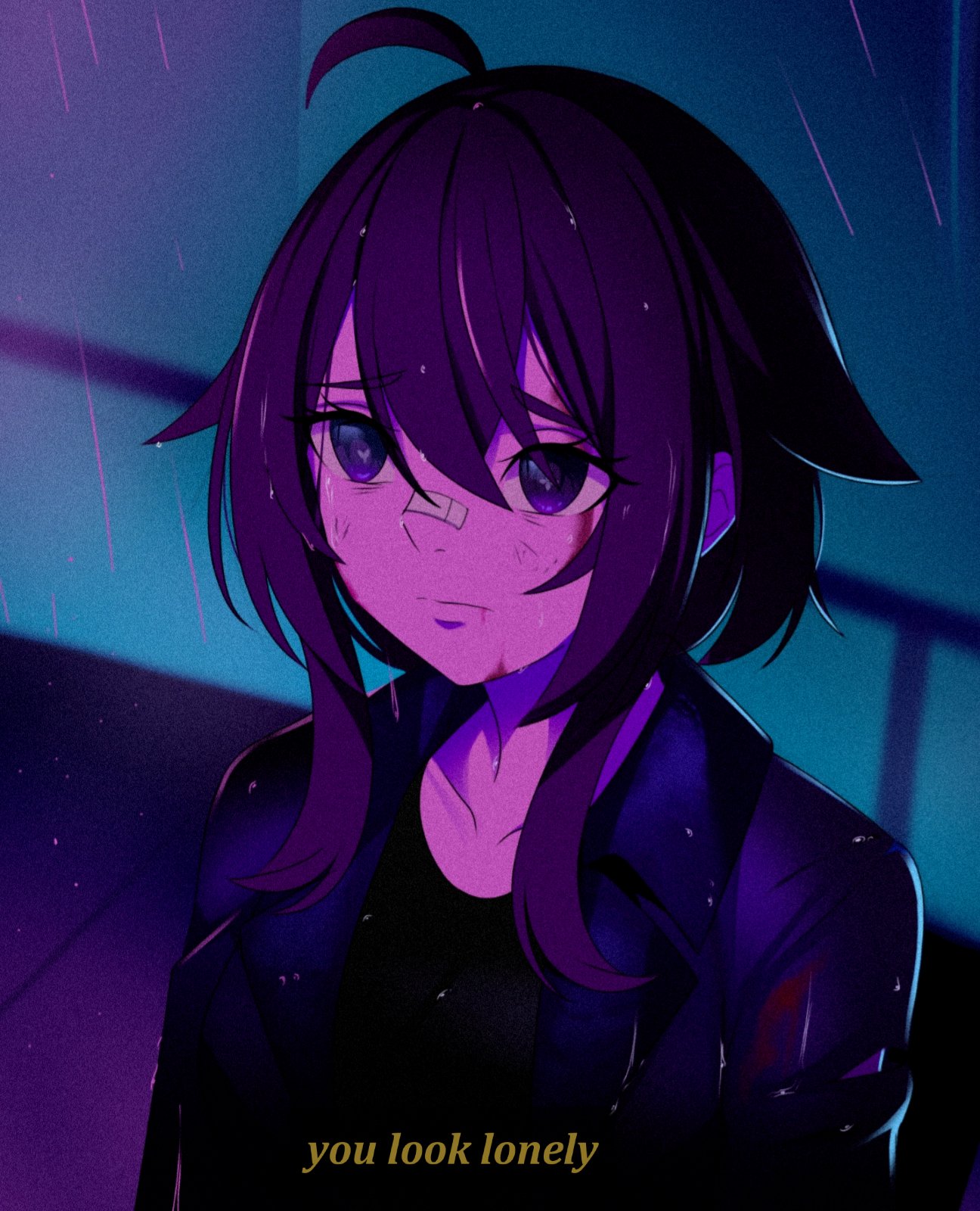 1girl ahoge bandaid bandaid_on_face bandaid_on_nose blade_runner_(series) blade_runner_2049 blood blood_on_face brown_hair bruise bruise_on_face collarbone commentary cross-shaped_pupils english_text frown goslingposting_(meme) hair_between_eyes hair_flaps highres indie_virtual_youtuber injury jacket meica_(vtuber) meme mismatched_pupils movie_reference night open_clothes open_jacket railing rain shirt soul_carrier spanish_commentary sprout-shaped_pupils subtitled symbol-shaped_pupils virtual_youtuber