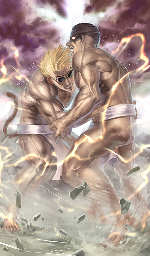 2boys barefoot blonde_hair brown_hat clenched_teeth commentary fate/grand_order fate_(series) fighting fundoshi glowing glowing_eyes hat japanese_clothes lightning male_focus male_underwear monkey_tail multiple_boys musashibou_benkei_(fate) muscular official_art rubble sakata_kintoki_(fate) shinjirou short_hair sumo sunglasses tail teeth tenma_otogizoushi_onigashima third-party_source topless_male underwear underwear_only veins white_male_underwear