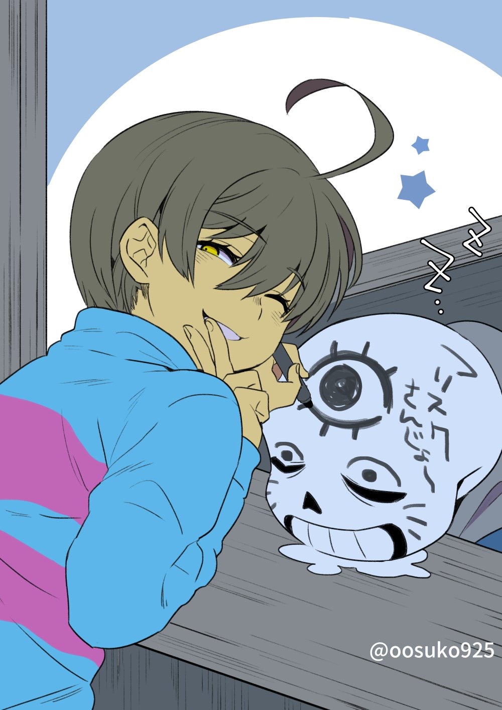 1boy 1other :d ;d ahoge blue_background blue_sweater brown_hair closed_eyes commentary_request fingernails flat_color frisk_(undertale) from_behind grey_hood grin hair_between_eyes hands_up highres holding holding_marker hood hood_down huge_ahoge long_sleeves looking_at_viewer looking_back marker naoki_(oosuko) one_eye_closed open_mouth pink_sweater pixie_cut puffy_long_sleeves puffy_sleeves saliva saliva_pool sans_(undertale) short_hair simple_background skeleton sleeping smile star_(symbol) striped_clothes striped_sweater sweater turtleneck turtleneck_sweater two-tone_background two-tone_sweater u_u undertale unusually_open_eyes upper_body v white_background yellow_eyes zzz