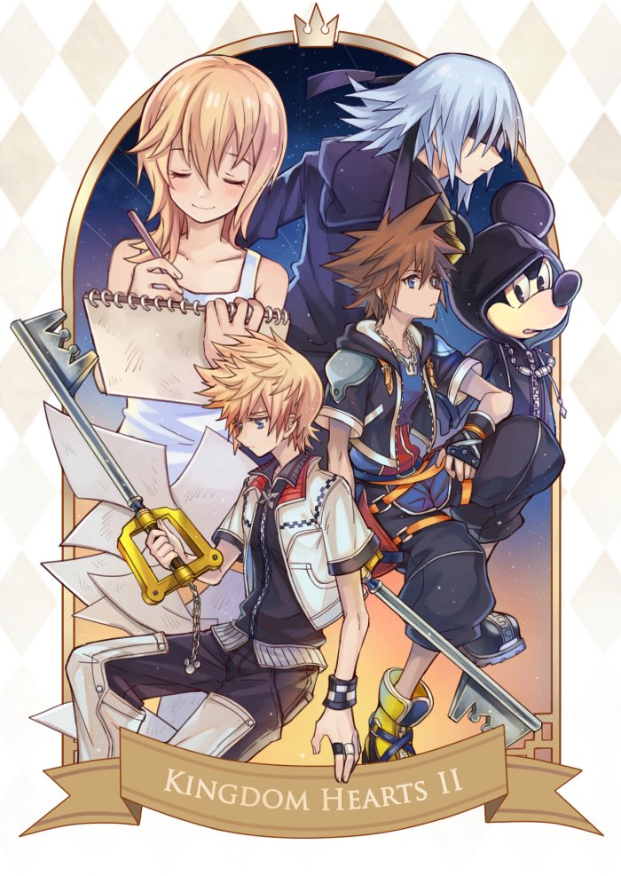 1girl 4boys animal_ears bare_shoulders black_robe black_shorts blindfold blonde_hair blue_eyes blush brown_hair chain chain_necklace closed_eyes dress grey_hair hair_between_eyes holding holding_pencil holding_sketchbook holding_weapon hood hood_down hood_up hooded_jacket hooded_robe jacket jewelry keyblade kingdom_hearts kingdom_hearts_ii medium_hair mickey_mouse mickey_mouse_&amp;_friends mouse_(animal) mouse_ears multiple_boys namine necklace pencil riku_(kingdom_hearts) ring robe roxas short_hair short_sleeves shorts sketchbook sleeveless sleeveless_dress smile sora_(kingdom_hearts) spiked_hair weapon white_dress white_jacket wristband yurichi_(artist)