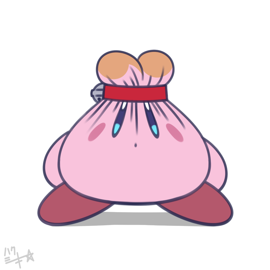 animal_crossing artist_name bell blue_eyes blush_stickers colored_skin cosplay full_body isabelle_(animal_crossing) isabelle_(animal_crossing)_(cosplay) japanese_text jingle_bell kashiri_kurosuke kirby kirby_(series) nintendo no_humans pink_skin signature simple_background standing super_smash_bros. topknot white_background