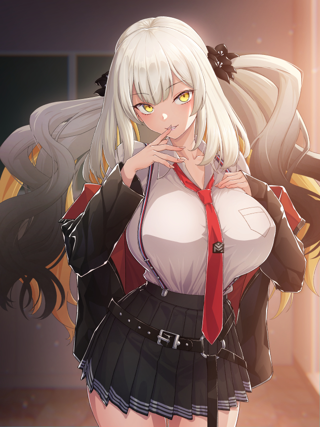 1girl breasts fate/grand_order fate_(series) flower grey_hair hair_flower hair_ornament hand_on_own_chest kemurin large_breasts long_hair marie_antoinette_(fate) marie_antoinette_alter_(fate) necktie pleated_skirt red_necktie school_uniform shirt skirt suspender_skirt suspenders white_shirt yellow_eyes