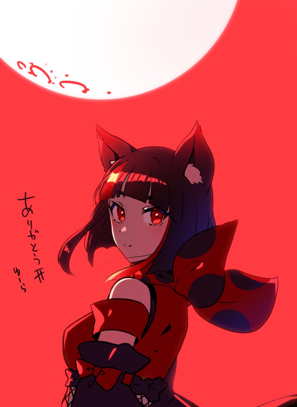 1girl animal_ear_fluff animal_ears animare bare_shoulders black_hair blunt_bangs closed_mouth commentary detached_sleeves female_focus fox_ears highres inari_kuromu light looking_at_viewer multicolored_hair nanashi_inc. red_eyes red_hair short_hair smile solo streaked_hair translated virtual_youtuber yuura