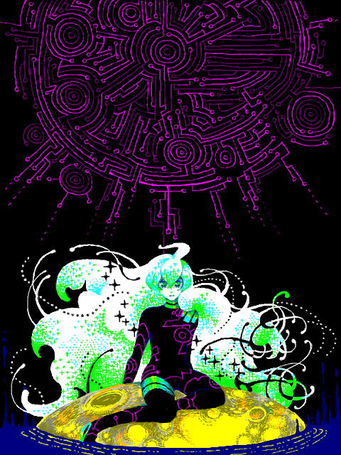 00s 1girl abstract absurdly_long_hair ahoge antispiral_nia bodysuit cross-shaped_pupils female_focus flat_color long_hair moon neon_trim nia_teppelin no_lineart nosuke_(umiboshi) sitting skin_tight solo sparkle symbol-shaped_pupils tegaki tengen_toppa_gurren_lagann very_long_hair