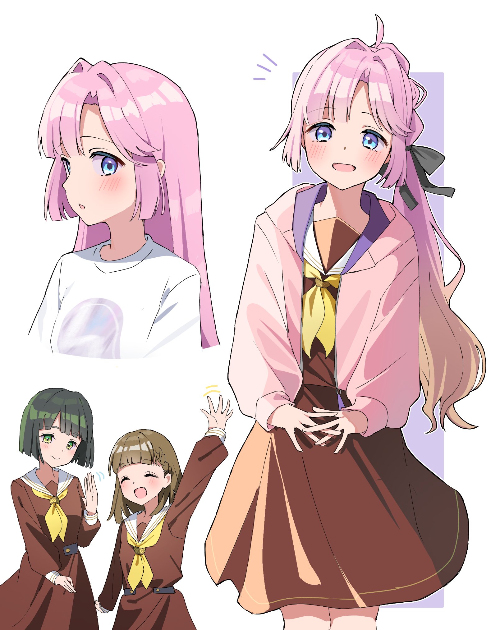 3girls :d ^_^ ahoge anyoji_hime anyoji_hime_(summer_loungewear) black_hair blunt_bangs blunt_ends blunt_sidelocks blush bob_cut braid brown_dress brown_hair center-flap_bangs closed_eyes commentary cropped_torso curtained_hair dress feet_out_of_frame gradient_hair hair_intakes hasu_no_sora_school_uniform highres hood hooded_jacket jacket kachimachi_kosuzu kai_(shell) link!_like!_love_live! long_hair long_sleeves looking_at_viewer love_live! medium_dress momose_ginko multi-tied_hair multicolored_hair multiple_girls multiple_views neckerchief notice_lines open_clothes open_jacket open_mouth own_hands_together parted_lips pink_jacket pleated_dress ponytail profile sailor_collar sailor_dress school_uniform shirt side_braids sidelocks sideways_mouth smile standing straight_hair t-shirt two-tone_hair virtual_youtuber white_background white_sailor_collar white_shirt winter_uniform yellow_neckerchief