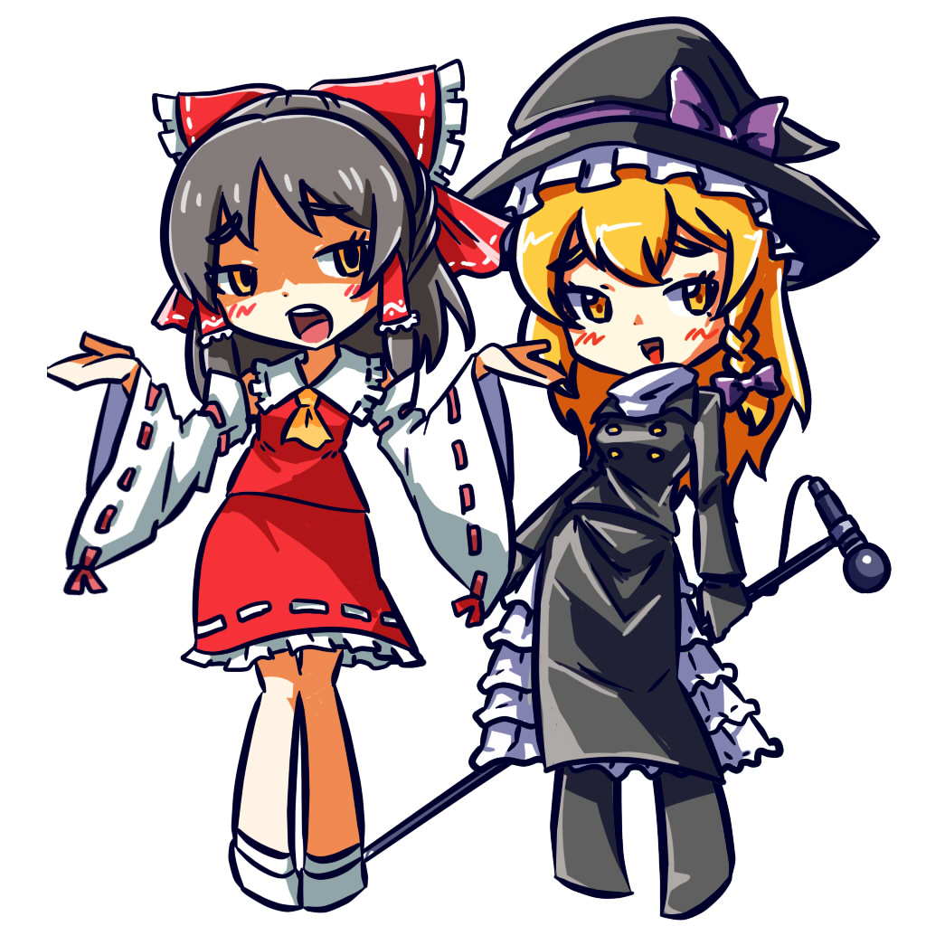 2girls ascot black_coat black_gloves black_hair black_hat blonde_hair blush bow braid buttons coat collared_shirt commentary contrapposto cookie_(touhou) detached_sleeves frilled_bow frilled_hair_tubes frilled_hat frilled_shirt_collar frilled_skirt frills full_body gloves hair_bow hair_tubes hakurei_reimu hat holding holding_microphone_stand ikiume kirisame_marisa long_hair looking_at_viewer microphone microphone_stand multiple_girls open_mouth petticoat purple_bow red_bow red_shirt red_skirt rei_(cookie) ribbon-trimmed_sleeves ribbon_trim sananana_(cookie) shaded_face shirt shoes short_hair side_braid sidelocks simple_background single_braid skirt skirt_set sleeveless sleeveless_shirt smile socks standing touhou white_background white_footwear white_sleeves white_socks witch_hat yellow_ascot yellow_eyes