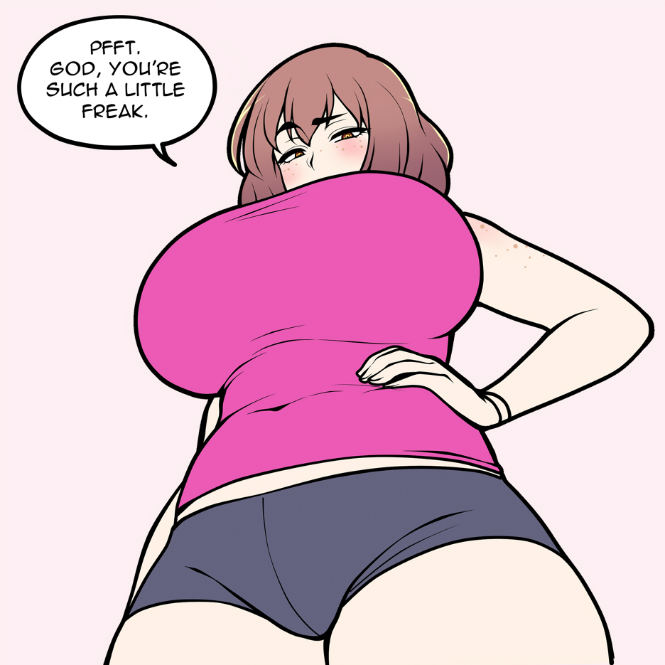 1girl bare_shoulders blush breasts brown_eyes brown_hair commentary covered_navel english_commentary english_text female_focus freckles from_below grey_shorts hand_on_own_hip huge_breasts jam-orbital looking_down midriff original pink_background short_shorts shorts solo thick_thighs thighs wristband